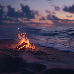A beachside bonfire at dusk, the flames casting warm light onto the sand while the waves roll gently onto shore, cozy and atmospheric, ultra-detailed