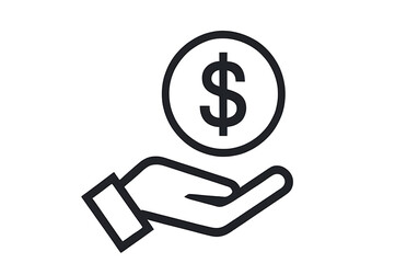 Minimalist Hand Holding Dollar Coin Icon – Financial Support Vector, dollar sign vector, money support,  financial investment, cash assistance, financial help, black and white vector