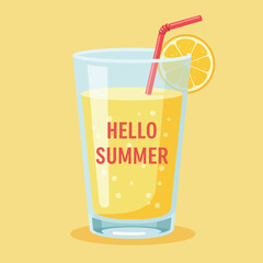 Glass of fresh yellow lemonade with red straw and lemon slice summer drink vector illustration 