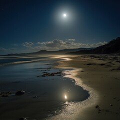 A beach at night under a full moon, the water reflecting the moonlight and creating a magical glow on the shore, ultra-HD