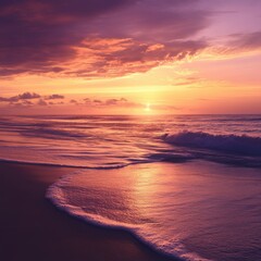 A beach at sunset, the sky glowing with warm orange and purple hues, the water calm with gentle waves, ultra-detailed