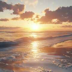 A beach at the golden hour, the ocean reflecting warm sunlight, gentle waves, and serene skies, ultra-realistic