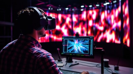 Naklejka premium Man Uses Virtual Reality Headset in Front of Computer and Screen