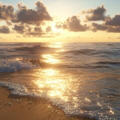 A beach at the golden hour, the ocean reflecting warm sunlight, gentle waves, and serene skies, ultra-realistic
