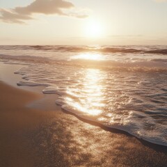 A beach at the golden hour, the ocean reflecting warm sunlight, gentle waves, and serene skies, ultra-realistic