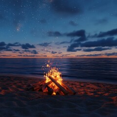 A beach bonfire at twilight, flames flickering as waves gently roll onto shore, starry sky above, cozy and warm atmosphere, ultra-realistic