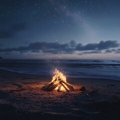 A beach bonfire at twilight, flames flickering as waves gently roll onto shore, starry sky above, cozy and warm atmosphere, ultra-realistic