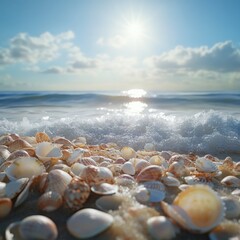 A beach covered in seashells, waves washing over them gently, the sun shining brightly overhead, ultra-realistic