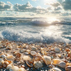 A beach covered in seashells, waves washing over them gently, the sun shining brightly overhead, ultra-realistic