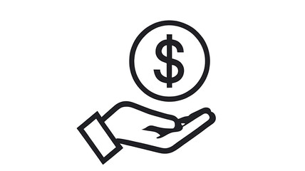 Minimalist Hand Holding Dollar Coin Icon – Financial Support Vector, dollar sign vector, money support,  financial investment, cash assistance, financial help, black and white vector