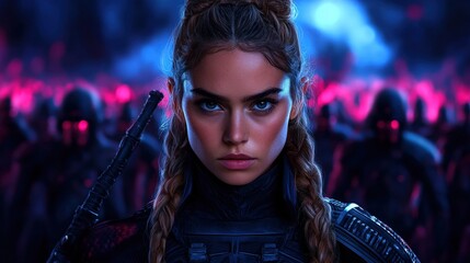 A determined warrior with braided hair faces the viewer against a dark, ominous backdrop filled with an army of shadowy figures, radiating a sense of urgency and strength