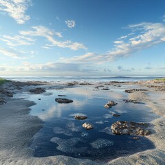 A beach with tide pools filled with sea life, the ocean calm and the sky a brilliant blue, ultra-detailed