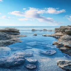 A beach with tide pools filled with sea life, the ocean calm and the sky a brilliant blue, ultra-detailed