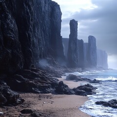 A beach with towering rock formations along the shore, waves crashing dramatically against the rocks, the sky dark and brooding, ultra-realistic
