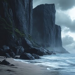 A beach with towering rock formations along the shore, waves crashing dramatically against the rocks, the sky dark and brooding, ultra-realistic