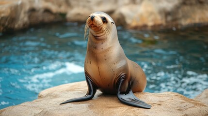 Fototapeta premium A photo of a sea lion perched on rocks by the ocean.