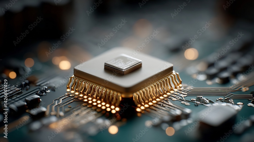 Poster detailed close-up of a modern computer processor on a complex motherboard