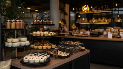 Fototapeta premium Delicious desserts and pastries displayed in a modern cafe interior with stylish decor and ambient lighting