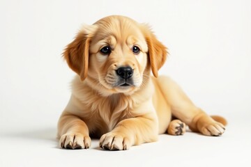 Golden Retriever puppy lies on white, looking up, white background, golden, playful
