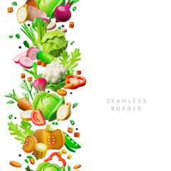 Ripe vegetables with greens 3D plastic style vector seamless border design, vegan natural healthy organic plant food