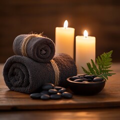 Calm Spa Relaxation Setting with Candles and Smooth Stones