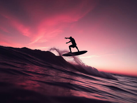 a surfer in mid-air against a vibrant sunset backdrop. The layout is horizontal, emphasizing the expansive ocean and sky. The subject, a silhouette of a person, is performing an aerial maneuver on a s - Powered by Adobe