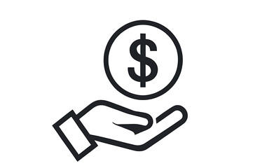Minimalist Hand Holding Dollar Coin Icon – Financial Support Vector, dollar sign vector, money support,  financial investment, cash assistance, financial help, black and white vector