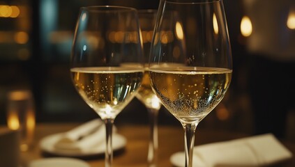 Obraz premium Three wine glasses filled with white wine stand on a wooden table.