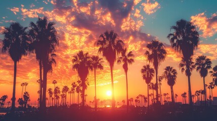 A picturesque sunset scene featuring palm trees silhouetted against a vibrant sky bathed in golden rays of light.
