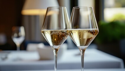 Obraz premium Two wine glasses filled with white wine on a table in a restaurant.