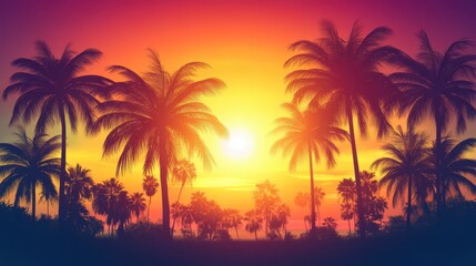 A picturesque sunset scene featuring palm trees silhouetted against a vibrant sky bathed in golden rays of light.