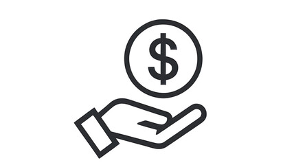 Minimalist Hand Holding Dollar Coin Icon – Financial Support Vector, dollar sign vector, money support,  financial investment, cash assistance, financial help, black and white vector