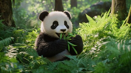 Obraz premium A realistic illustration of a cute panda cub joyfully eating bamboo in a lush green forest.