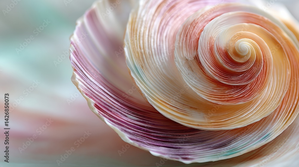 Aufkleber Macro View of Seashell Showcasing Intricate Spiral Structure and Soft Pastel Shades, Highlighting the Beauty of Natures Design