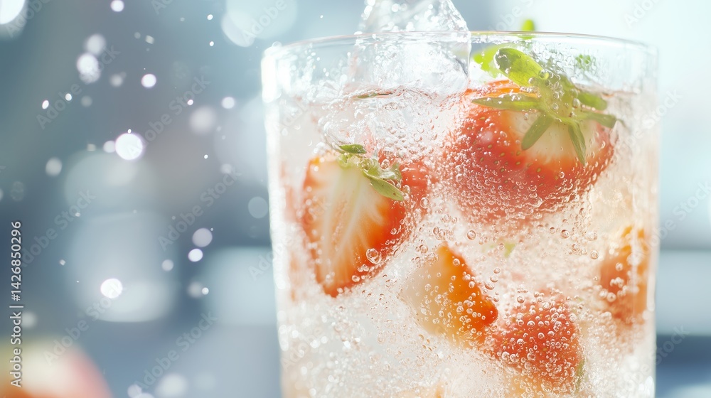 Poster refreshing sparkling drink with strawberries served on a summer day in a bright setting