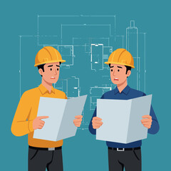 Two Construction Workers Wearing Hard Hats Reviewing Building Plans Vector Illustration 