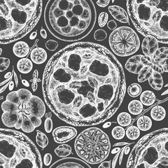 Hand Drawn Vector Pizza Illustration. Retro Margarita Pizza Chalk Board Seamless Pattern. Old School Italian Food Background