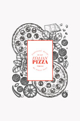 Hand Drawn Vector Pizza Illustration. Retro Pepperoni Pizza Design Template. Old School Italian Food