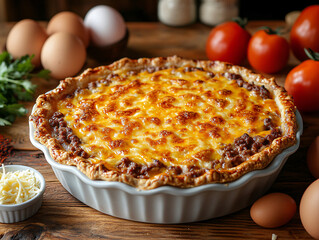 a freshly baked quiche in a white baking dish on a wooden surface, surrounded by fresh tomatoes, eggs, grated cheese, and fresh herbs like basil. 