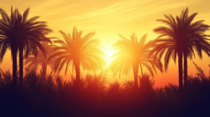 Obraz premium A realistic photo capturing the golden sunset filtering through a grove of palm trees.