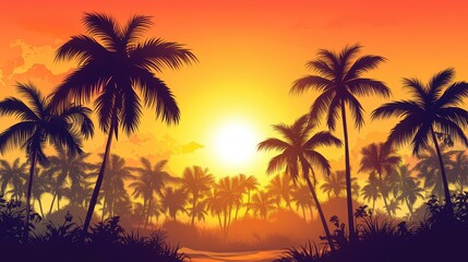 Obraz premium A realistic photo capturing the golden sunset filtering through a grove of palm trees.
