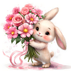 Cute Fluffy Bunny Holding Vibrant Pink Flower Bouquet