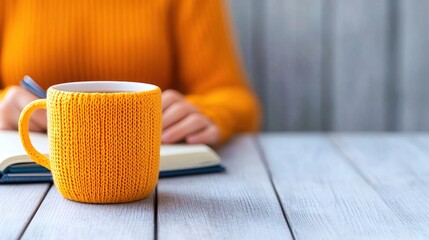 A person in a vibrant orange sweater writes in a notebook while holding a yellow mug. The wooden table setting creates a warm atmosphere, perfect for creativity and reflection