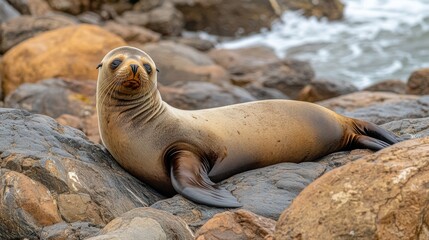 Fototapeta premium A realistic photo of a sea lion lounging on a rugged rocky beach.