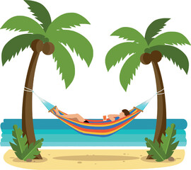 Relaxing woman lying in colorful hammock between palm trees on tropical beach vector illustration 