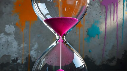 Close-up of a vibrant hourglass with pink sand flowing, against a grunge wall with colorful splashes of paint, symbolizing the passage of time.
- Powered by Adobe