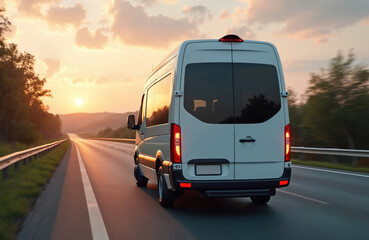 White passenger charter van rides highway at sunset. Transportation logistics delivery service. Modern express delivery vehicle fast transports passengers, cargo across country. Business distribution