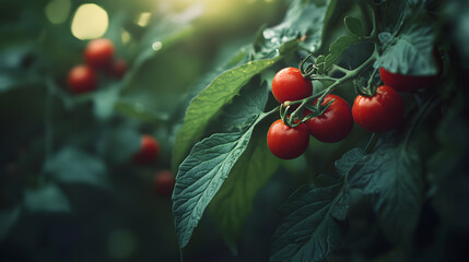 Ripe red tomatoes on the vine, lush green leaves