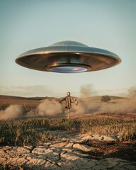 Obraz premium UFO hovering over a scarecrow in an open field during sunset