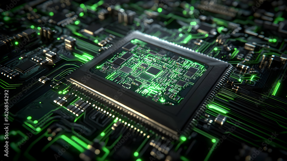 Poster close up of glowing circuit board with processor